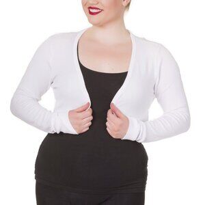 White Fine Knit Cropped Cardigan Bolero, Shrug Open Front Sweater LS, 2XL and XL
